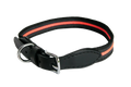 Black dog collar with red stripes on a white background
