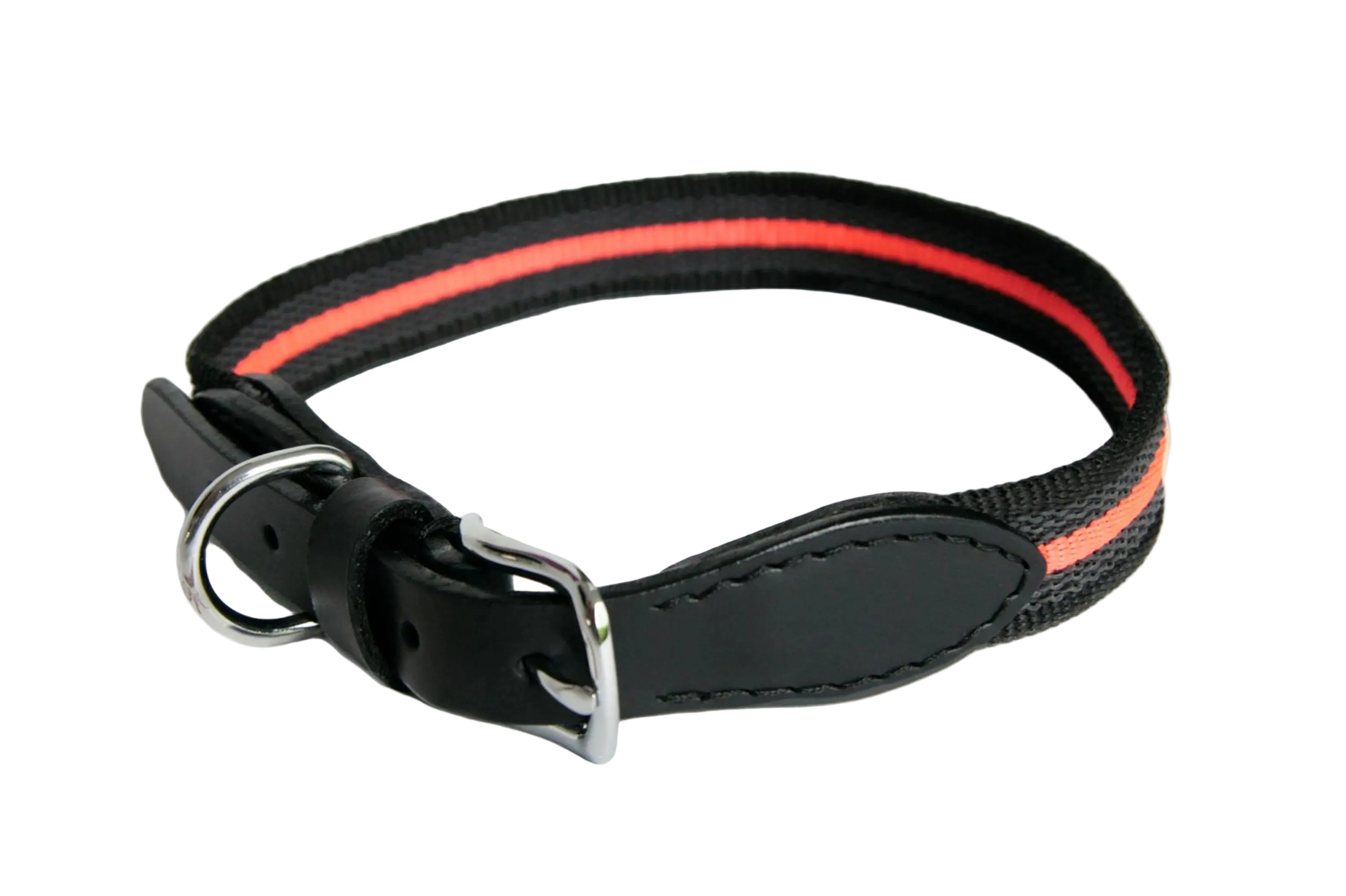 Black dog collar with red stripes on a white background