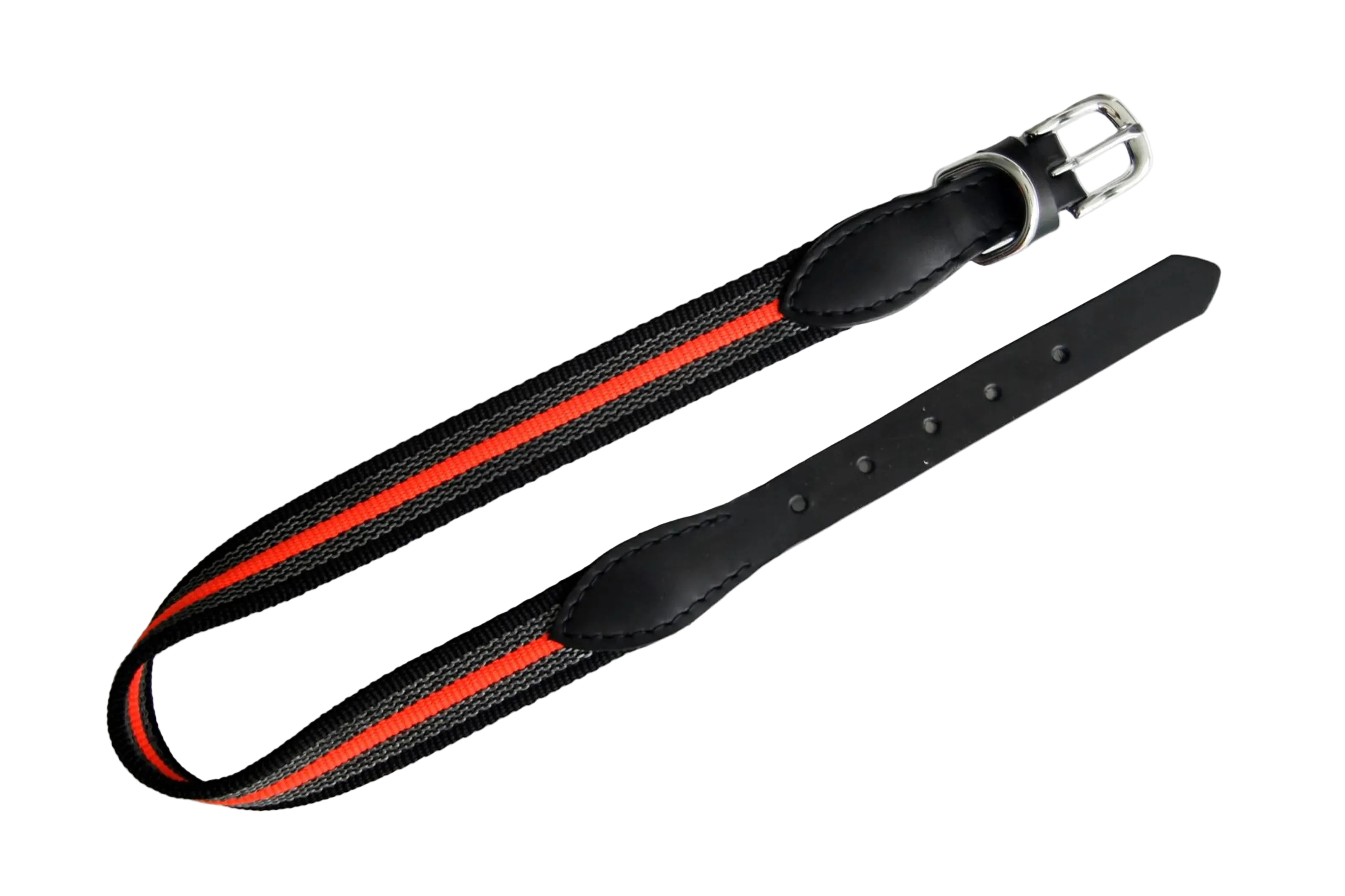 Black dog collar with red stripe on a white background
