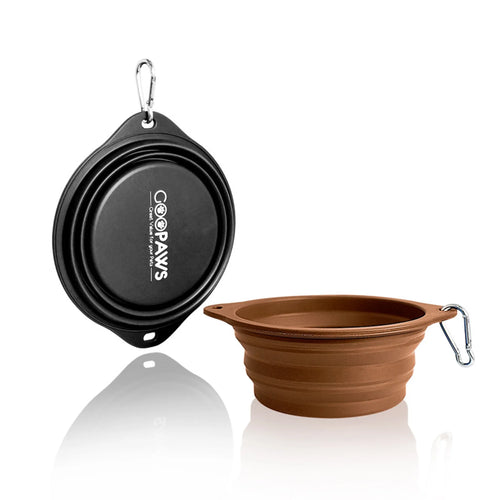 Two collapsible pet bowls, one black and one brown, on a white background.