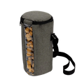 Gray fabric bag with a black strap containing wooden logs on a white background