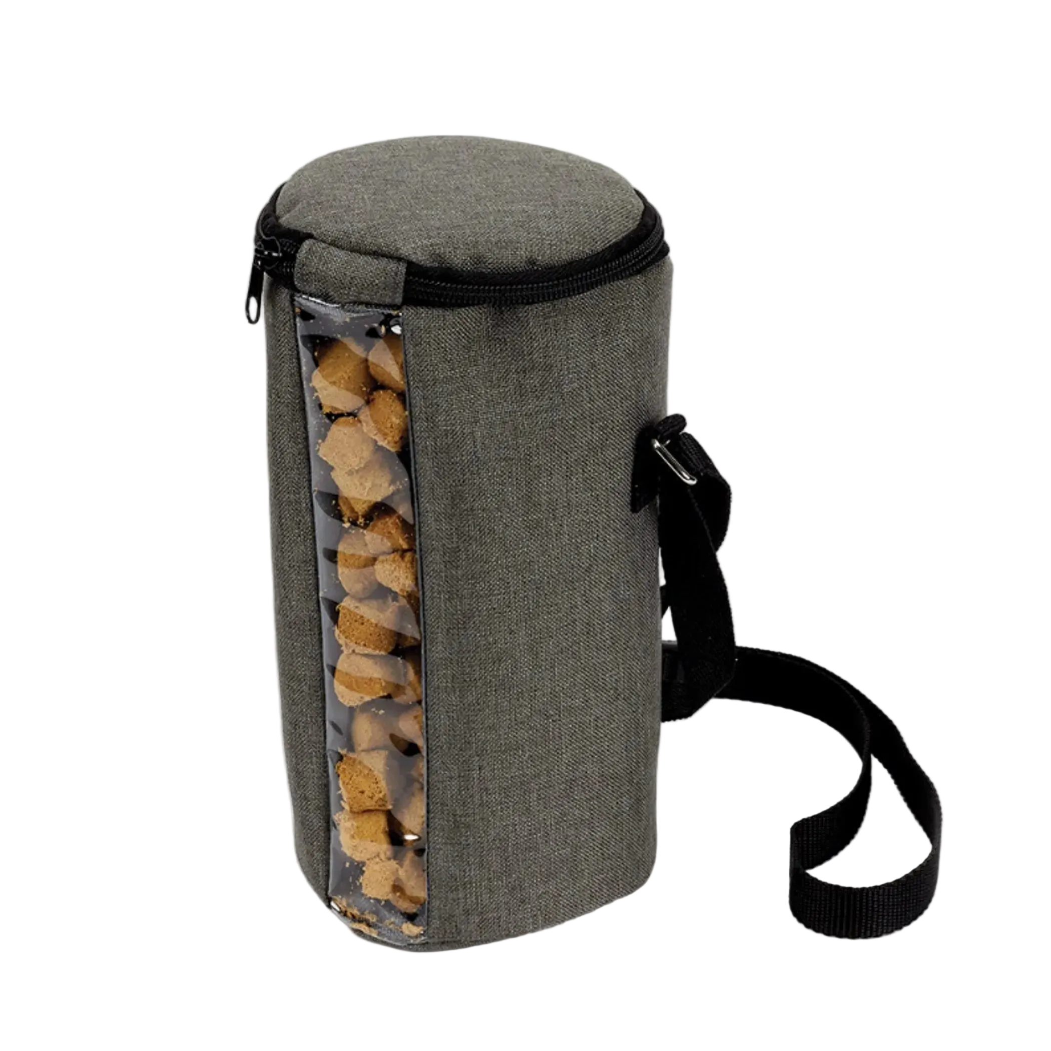 Gray fabric bag with a black strap containing wooden logs on a white background