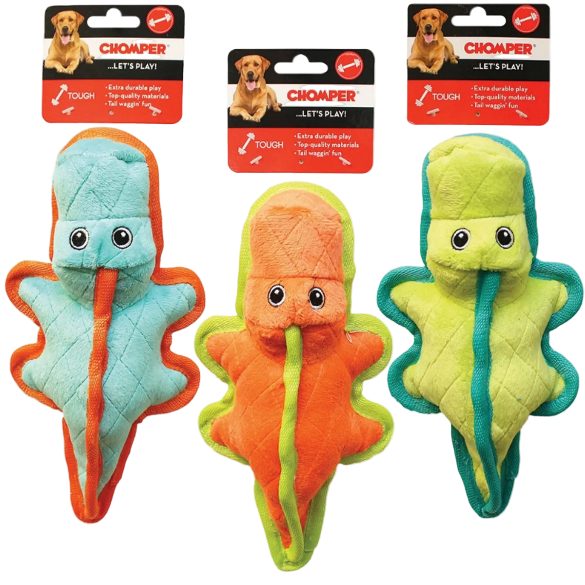 Three star-shaped dog toys in blue, orange, and green with 'Chomper' packaging in the background.