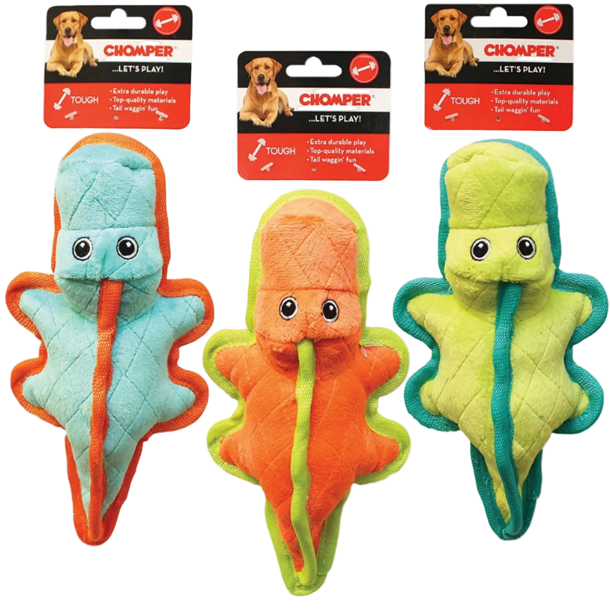 Three star-shaped dog toys in blue, orange, and green with 'Chomper' packaging in the background.