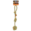 Colorful dog rope toy with a knot on a white background