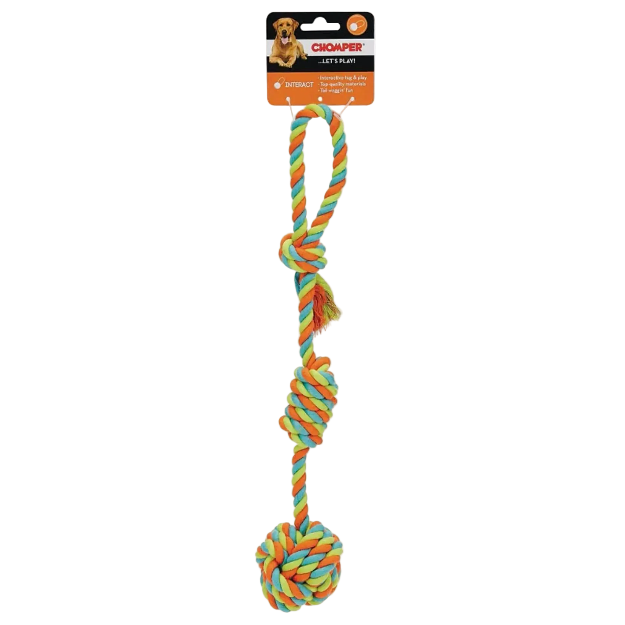 Colorful dog rope toy with a knot on a white background
