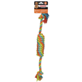 Colorful dog rope toy with a packaging label on a white background