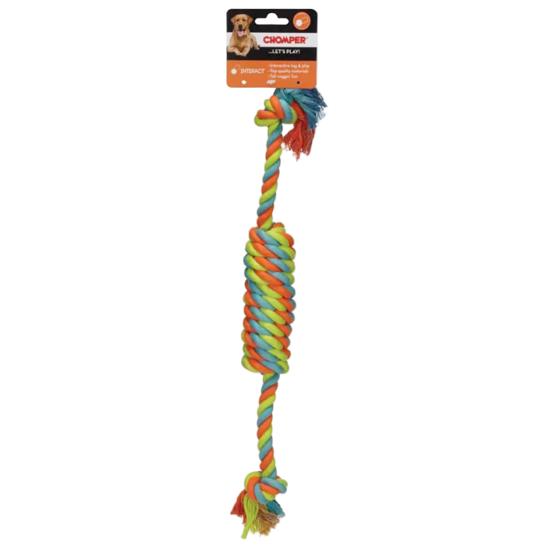 Colorful dog rope toy with a packaging label on a white background