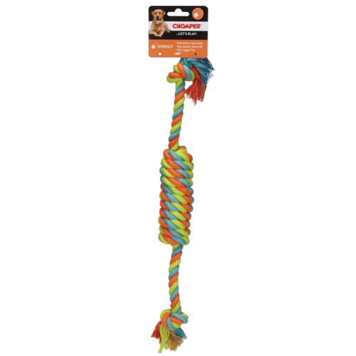 Colorful dog rope toy with a packaging label on a white background