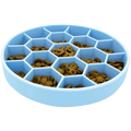 Blue pet food container with honeycomb design filled with pet food.