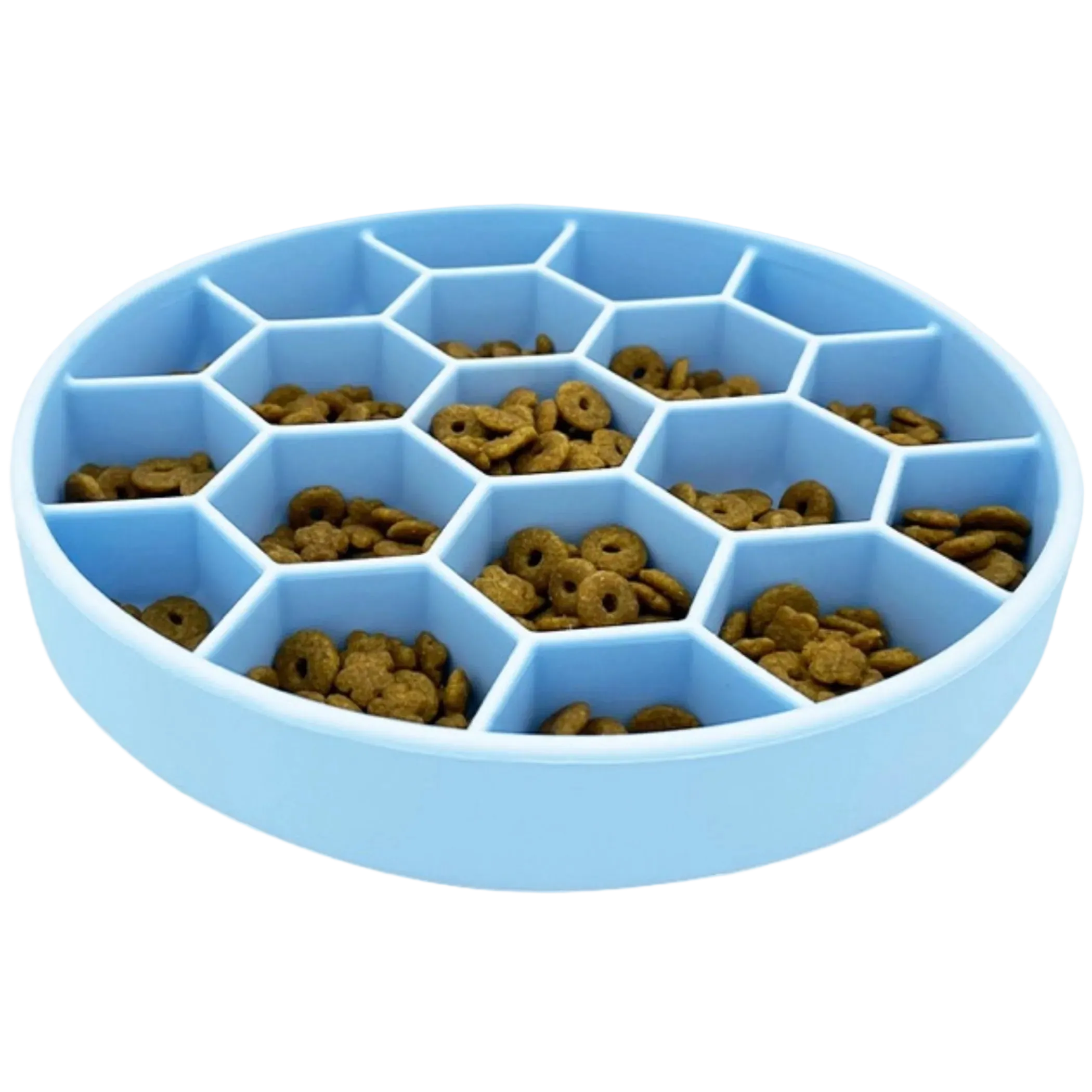 Blue pet food container with honeycomb design filled with pet food.