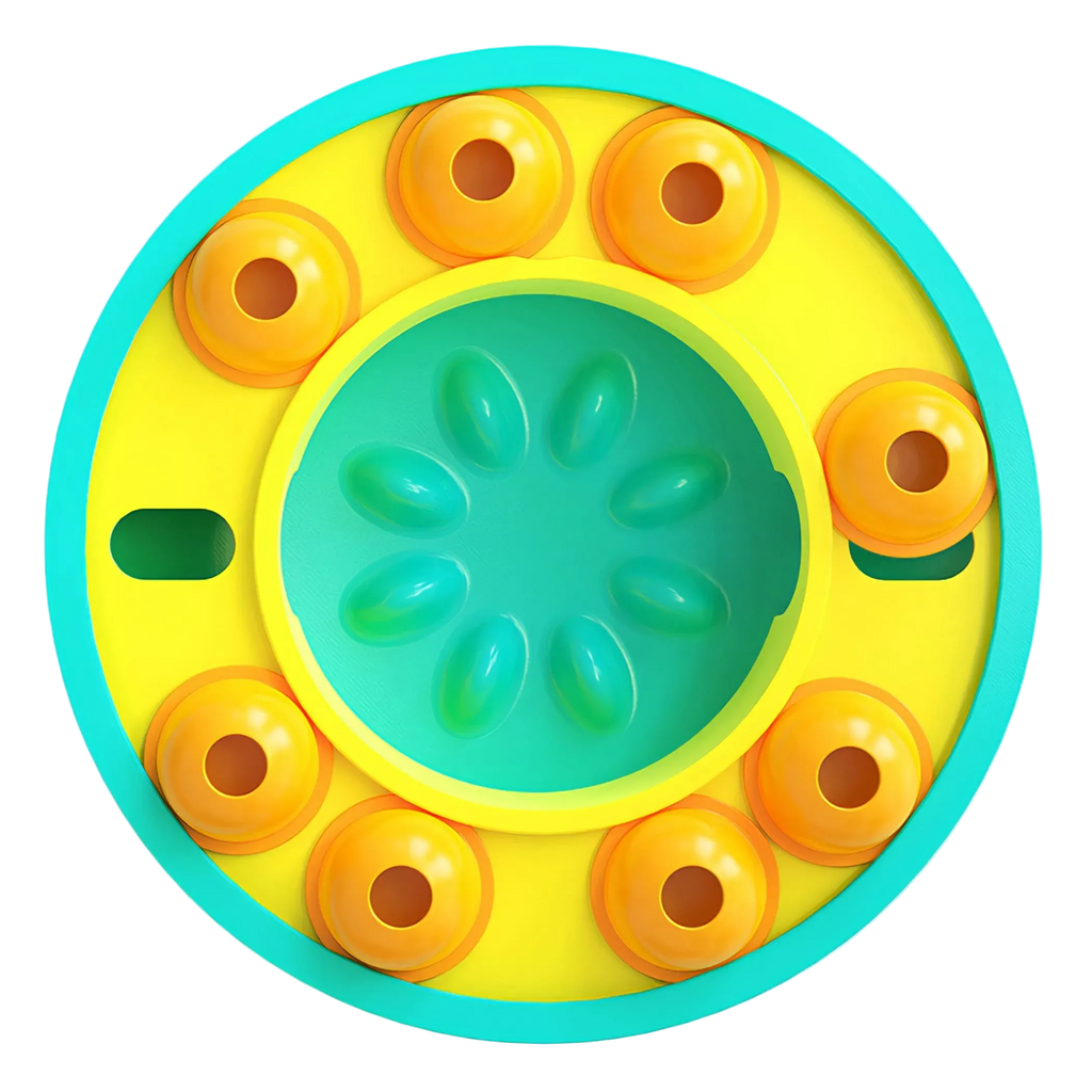 Colorful circular toy with yellow center and orange rings.
