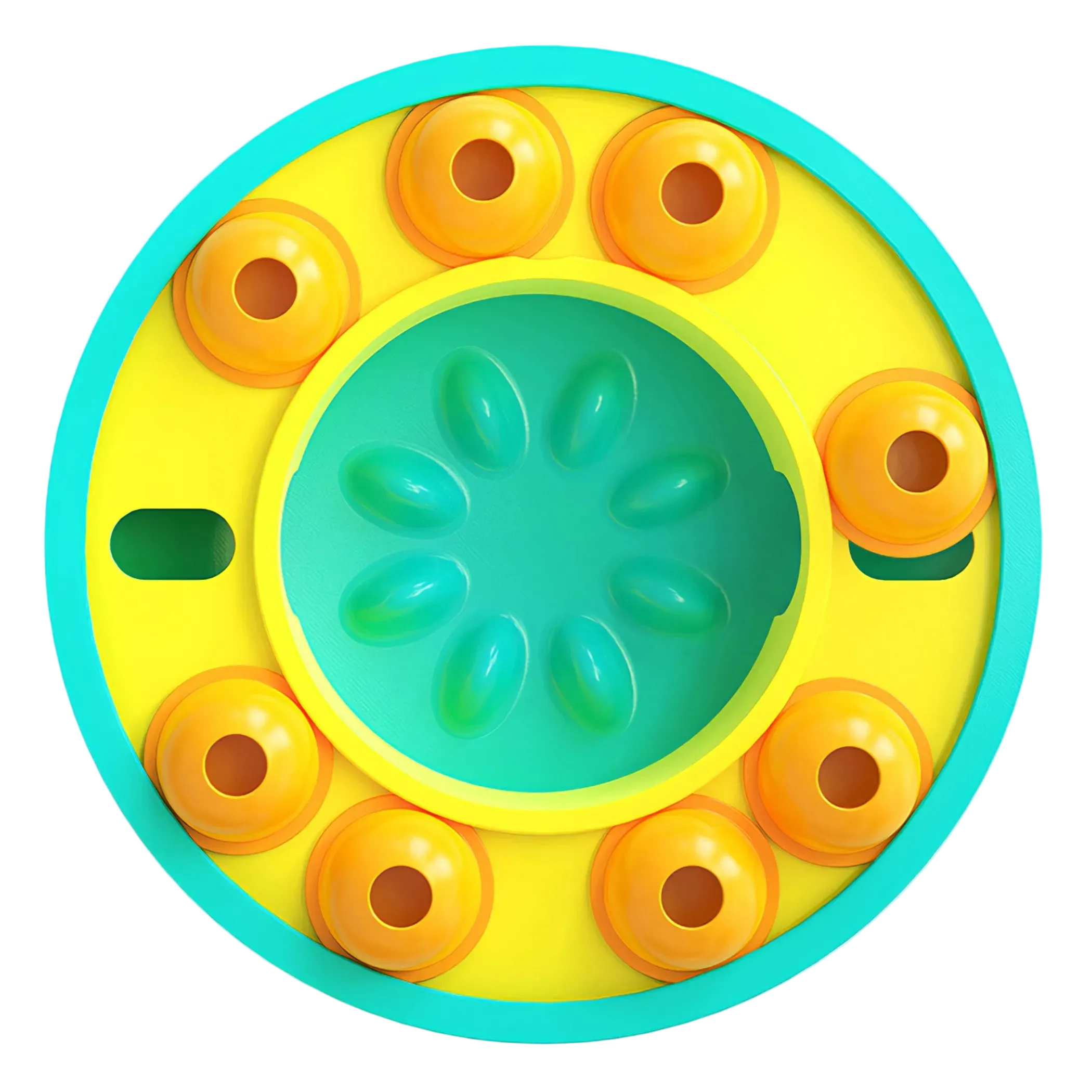 Colorful circular toy with yellow center and orange rings.