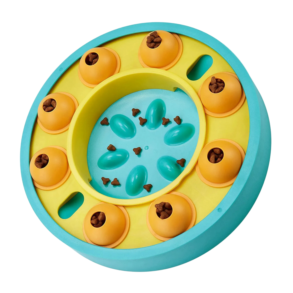 Colorful dog puzzle toy with multiple compartments for brain stimulation.