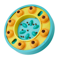Colorful dog puzzle toy with multiple compartments for brain stimulation.
