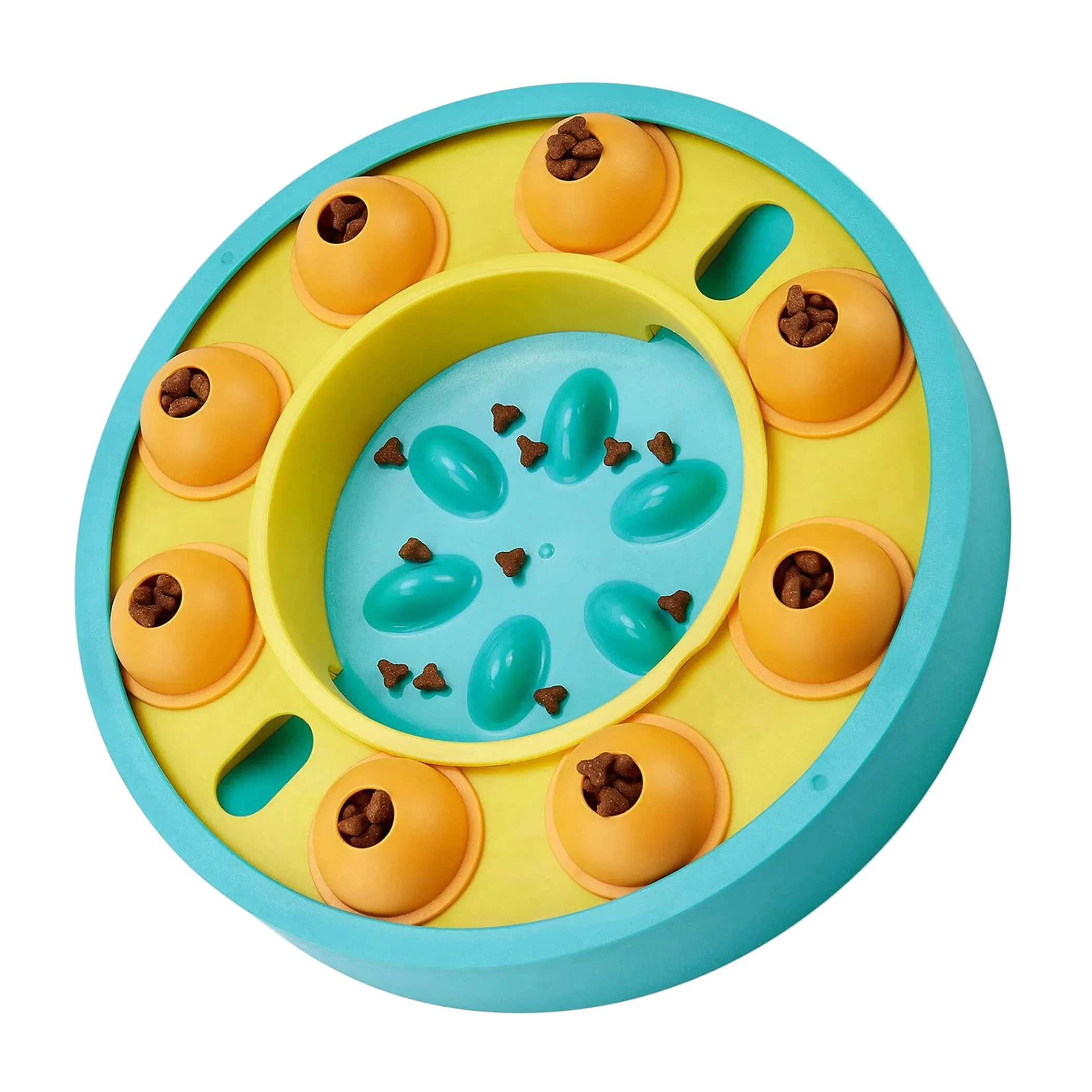 Colorful dog puzzle toy with multiple compartments for brain stimulation.