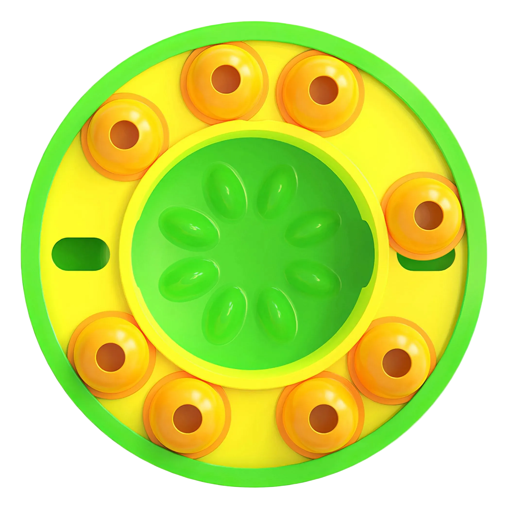 Round yellow and green toy with orange circular elements.