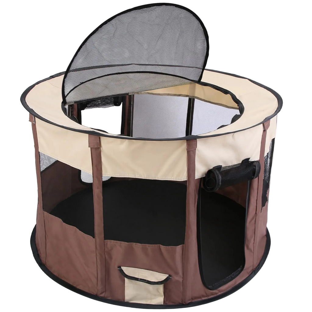 Pet playpen with mesh top and brown base on a white background