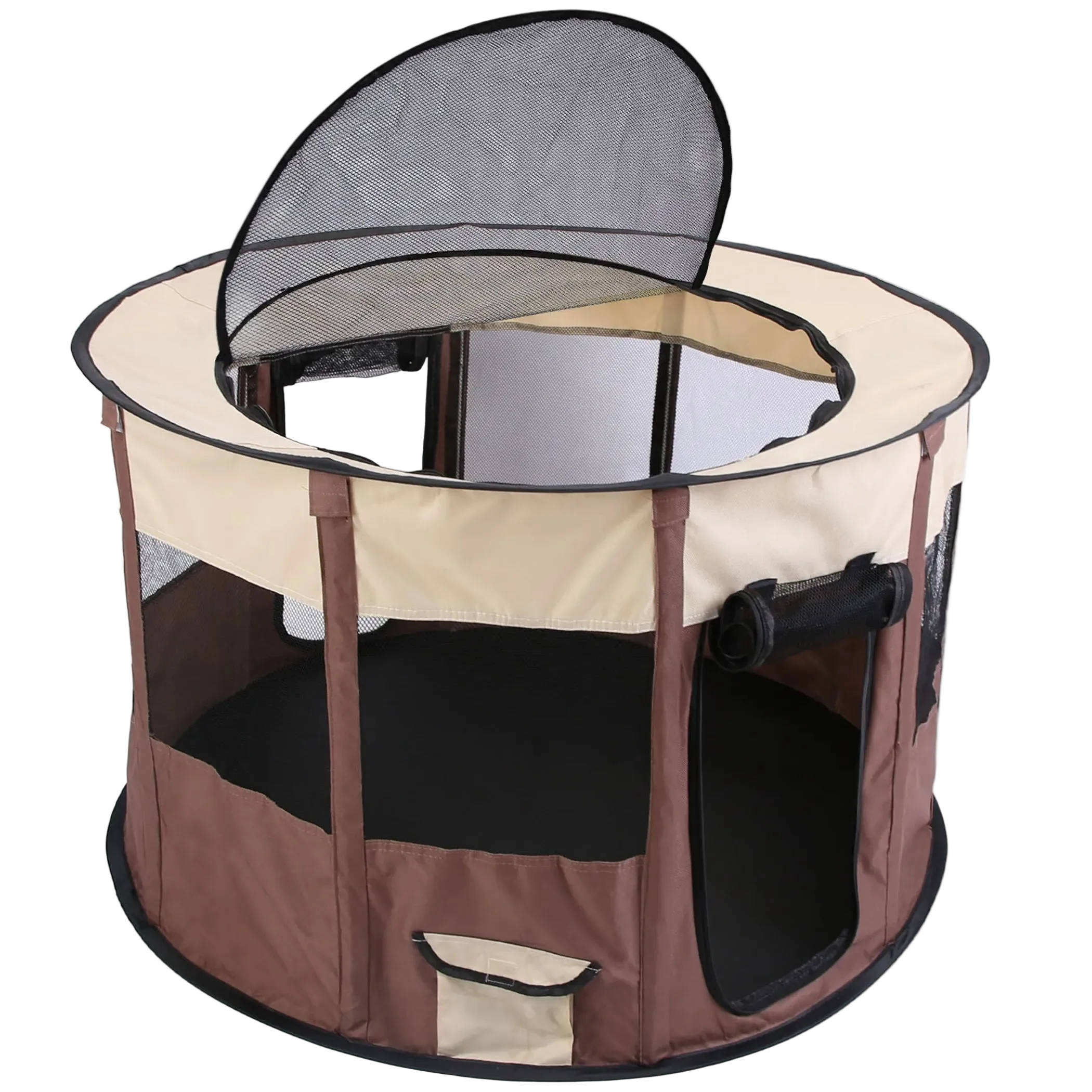 Pet playpen with mesh top and brown base on a white background