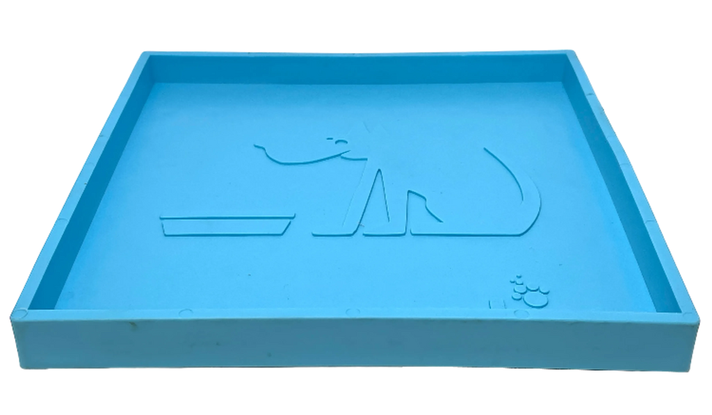 Blue pet tray with a paw print design on a white background