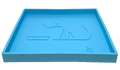 Blue pet tray with a paw print design on a white background