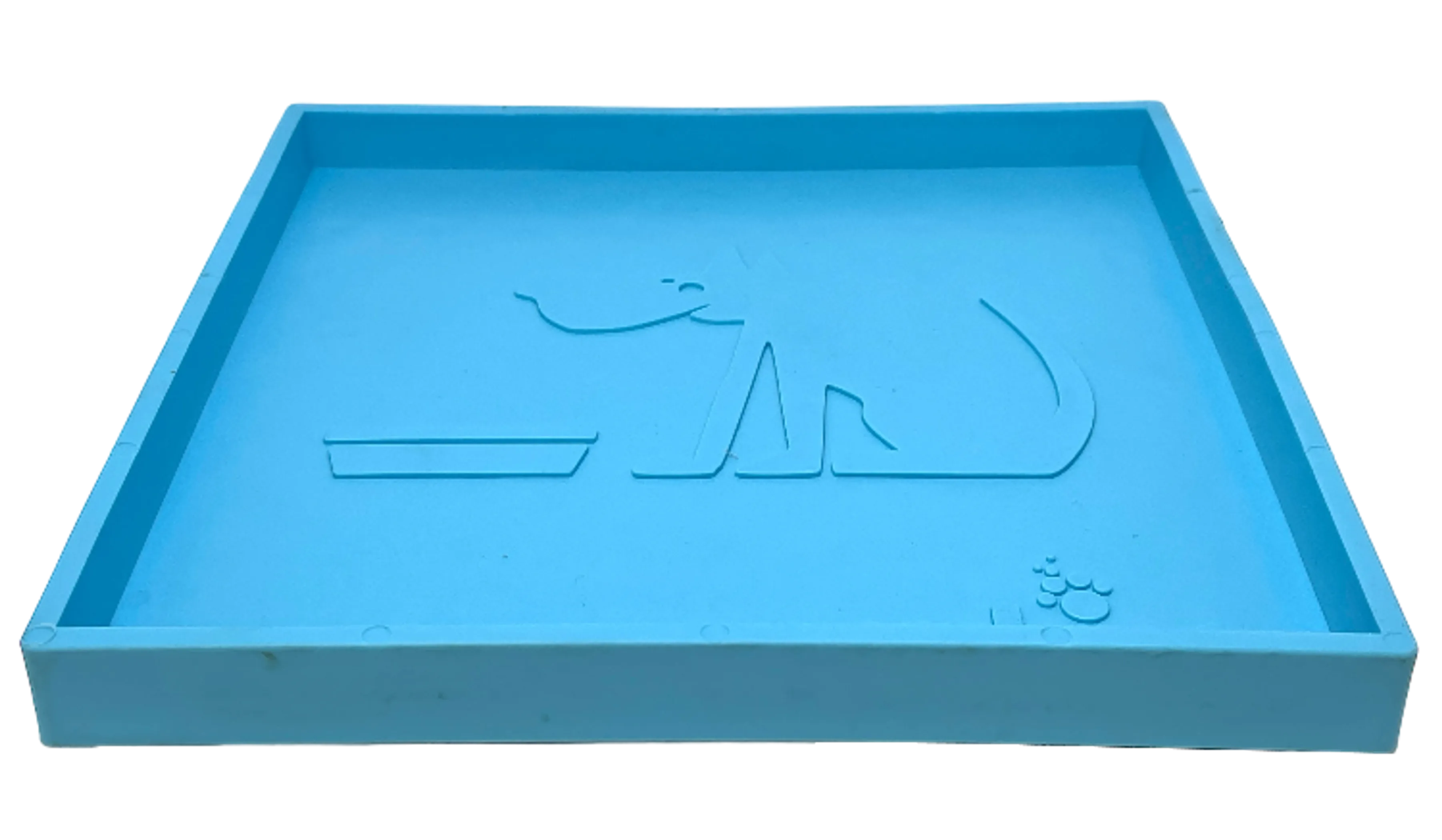 Blue pet tray with a paw print design on a white background