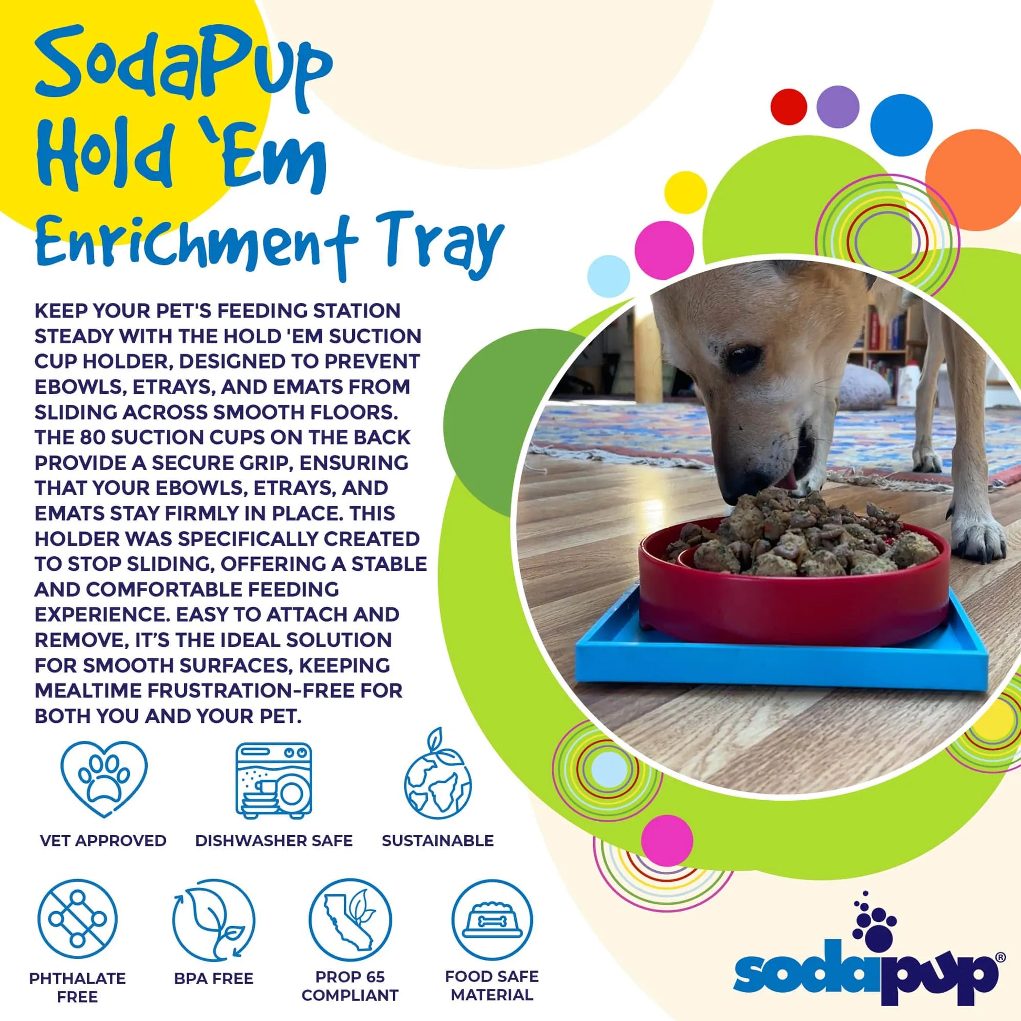 Advertisement for SodaPup Hold 'Em Enrichment Tray with a dog eating from a bowl.