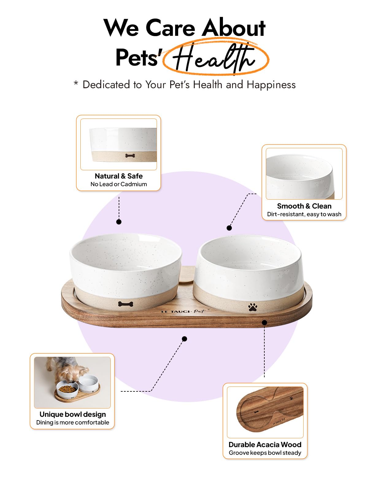 LE TAUCI PET Dog and Cat Bowl Set with Acacia Wood Tray - 2 Cup Ceramic Puppy Bowls for Cats &Small Dogs, Dual Food and Water Bowls with Weighted Non-Slip Base
