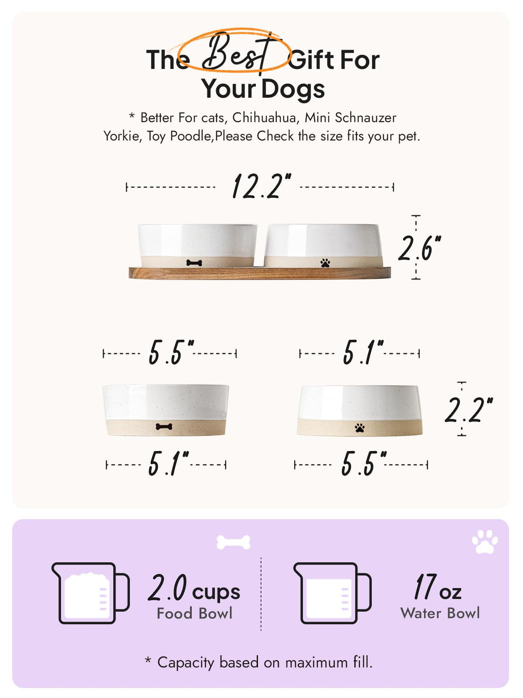 LE TAUCI PET Dog and Cat Bowl Set with Acacia Wood Tray - 2 Cup Ceramic Puppy Bowls for Cats &Small Dogs, Dual Food and Water Bowls with Weighted Non-Slip Base