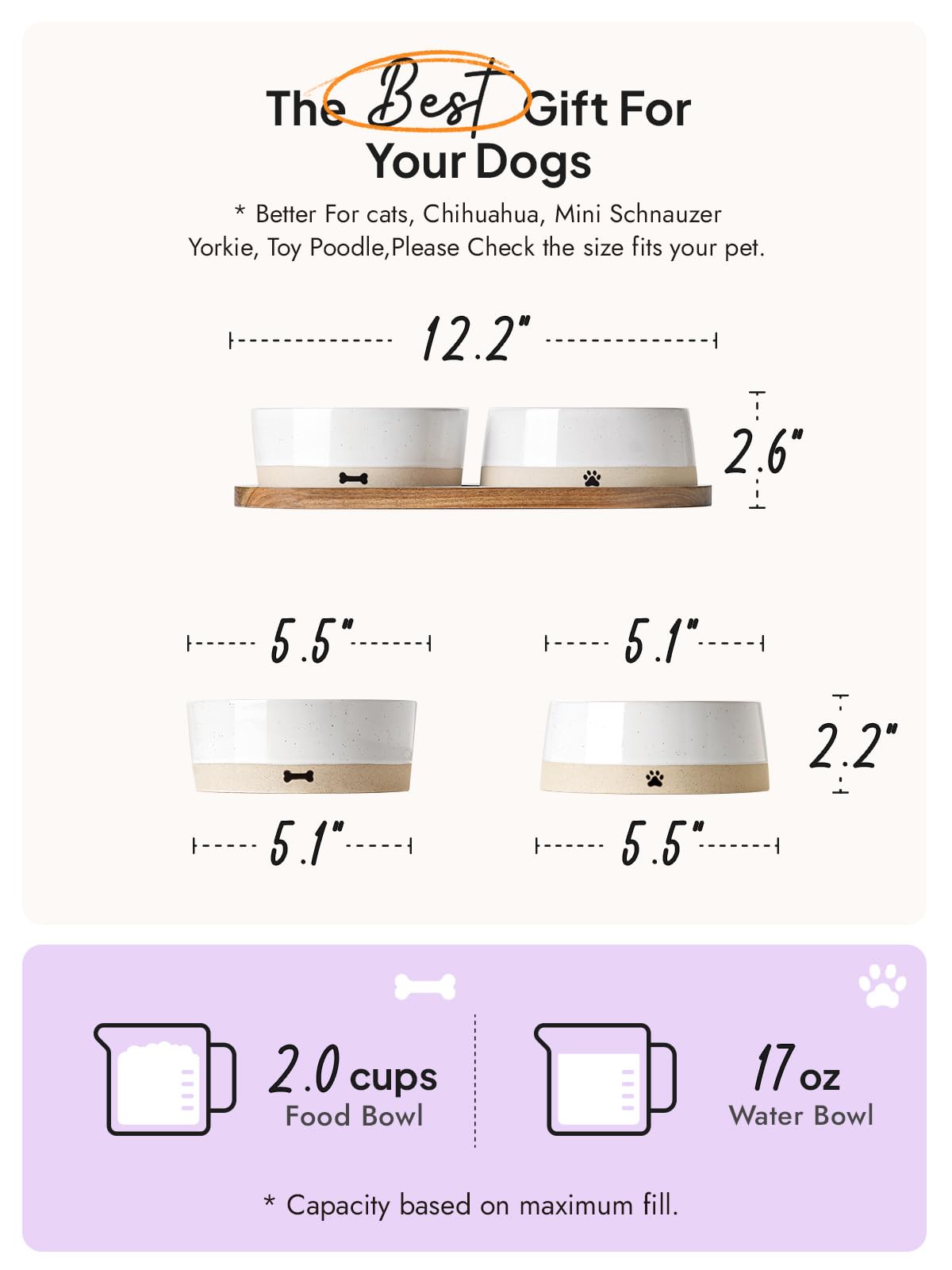 LE TAUCI PET Dog and Cat Bowl Set with Acacia Wood Tray - 2 Cup Ceramic Puppy Bowls for Cats &Small Dogs, Dual Food and Water Bowls with Weighted Non-Slip Base