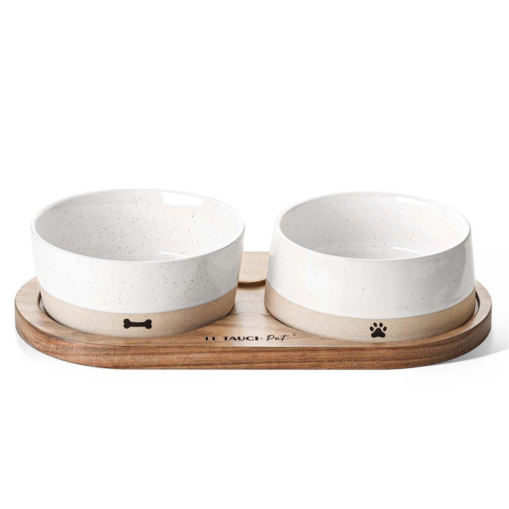LE TAUCI PET Dog and Cat Bowl Set with Acacia Wood Tray - 2 Cup Ceramic Puppy Bowls for Cats &Small Dogs, Dual Food and Water Bowls with Weighted Non-Slip Base