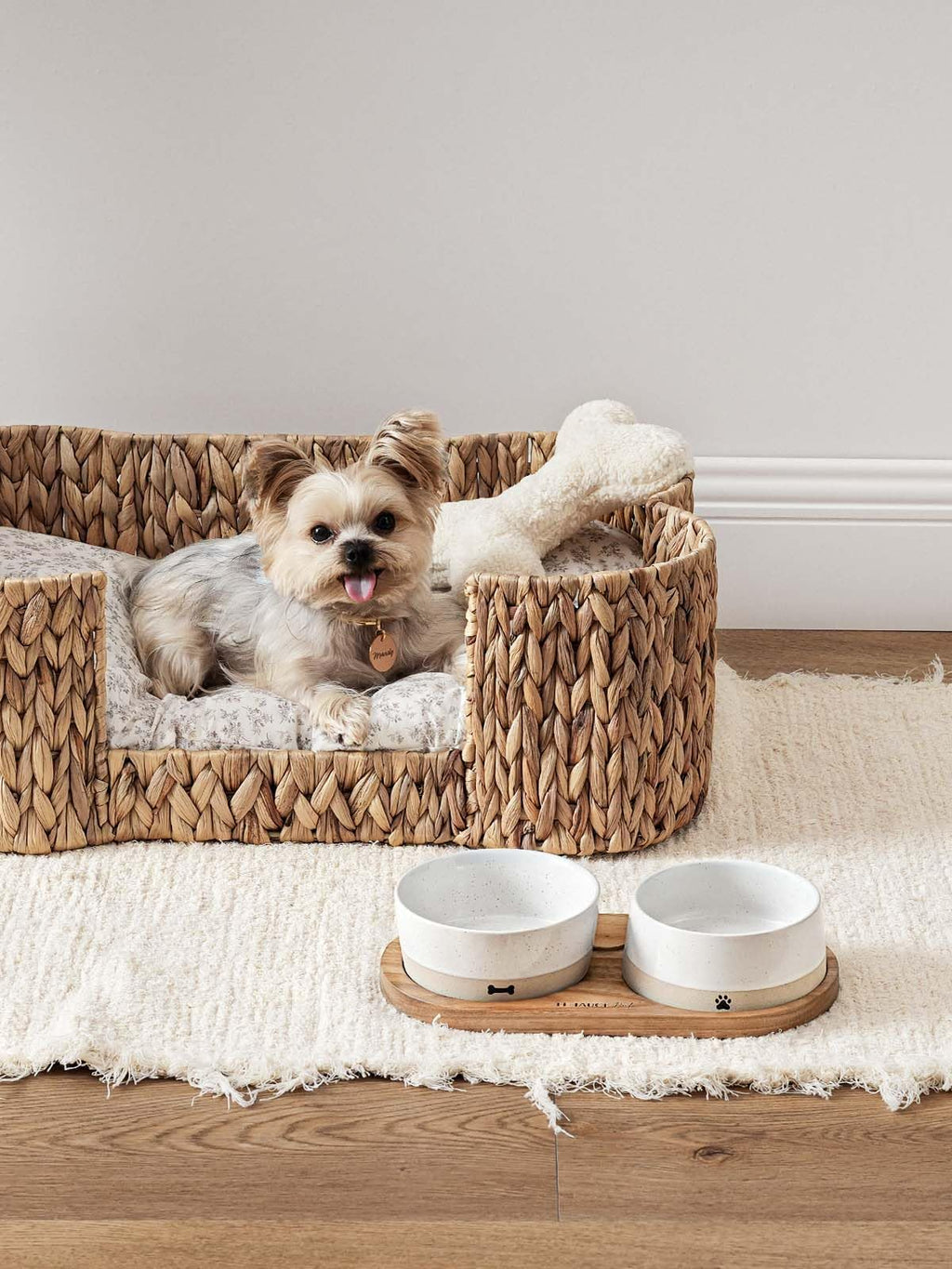 LE TAUCI PET Dog and Cat Bowl Set with Acacia Wood Tray - 2 Cup Ceramic Puppy Bowls for Cats &Small Dogs, Dual Food and Water Bowls with Weighted Non-Slip Base
