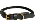 Black braided dog collar with gold buckle on a white background