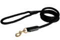 Black dog leash with a gold clasp on a white background