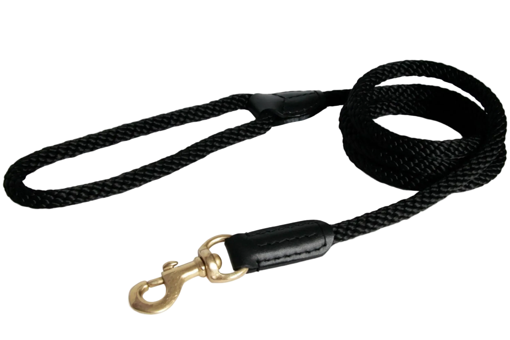 Black dog leash with a gold clasp on a white background