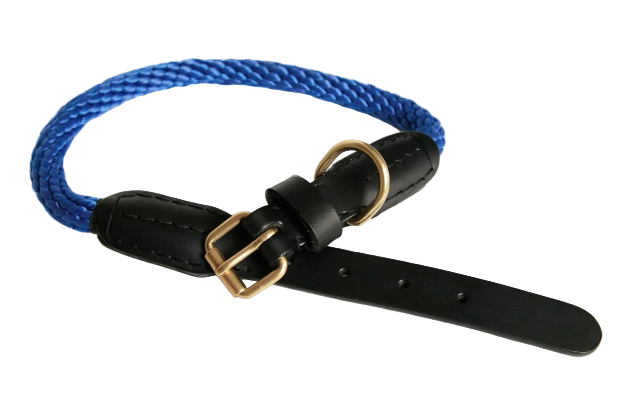 Black leather belt with a blue rope strap on a white background