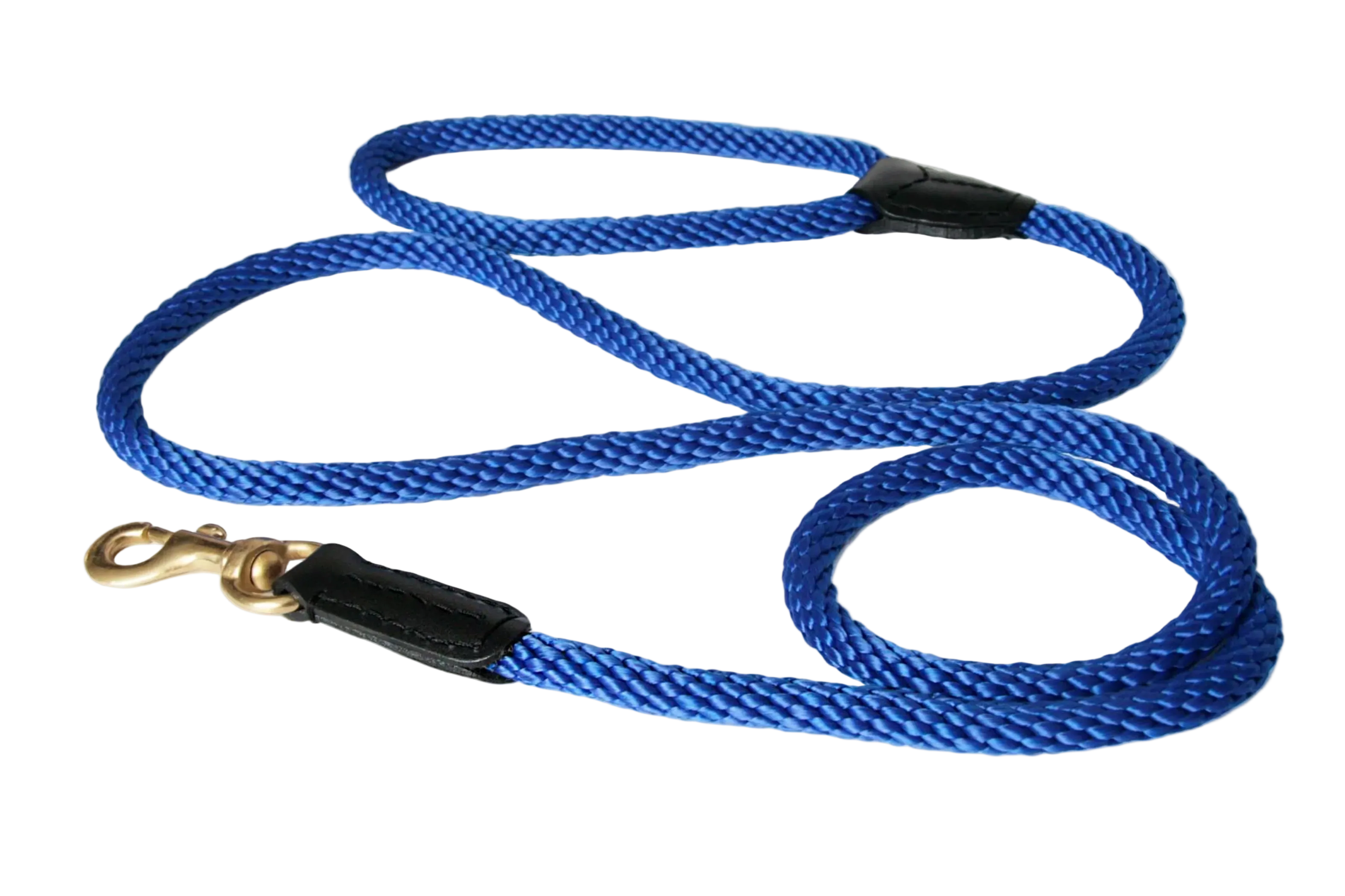 Blue braided dog leash with brass clip on a white background