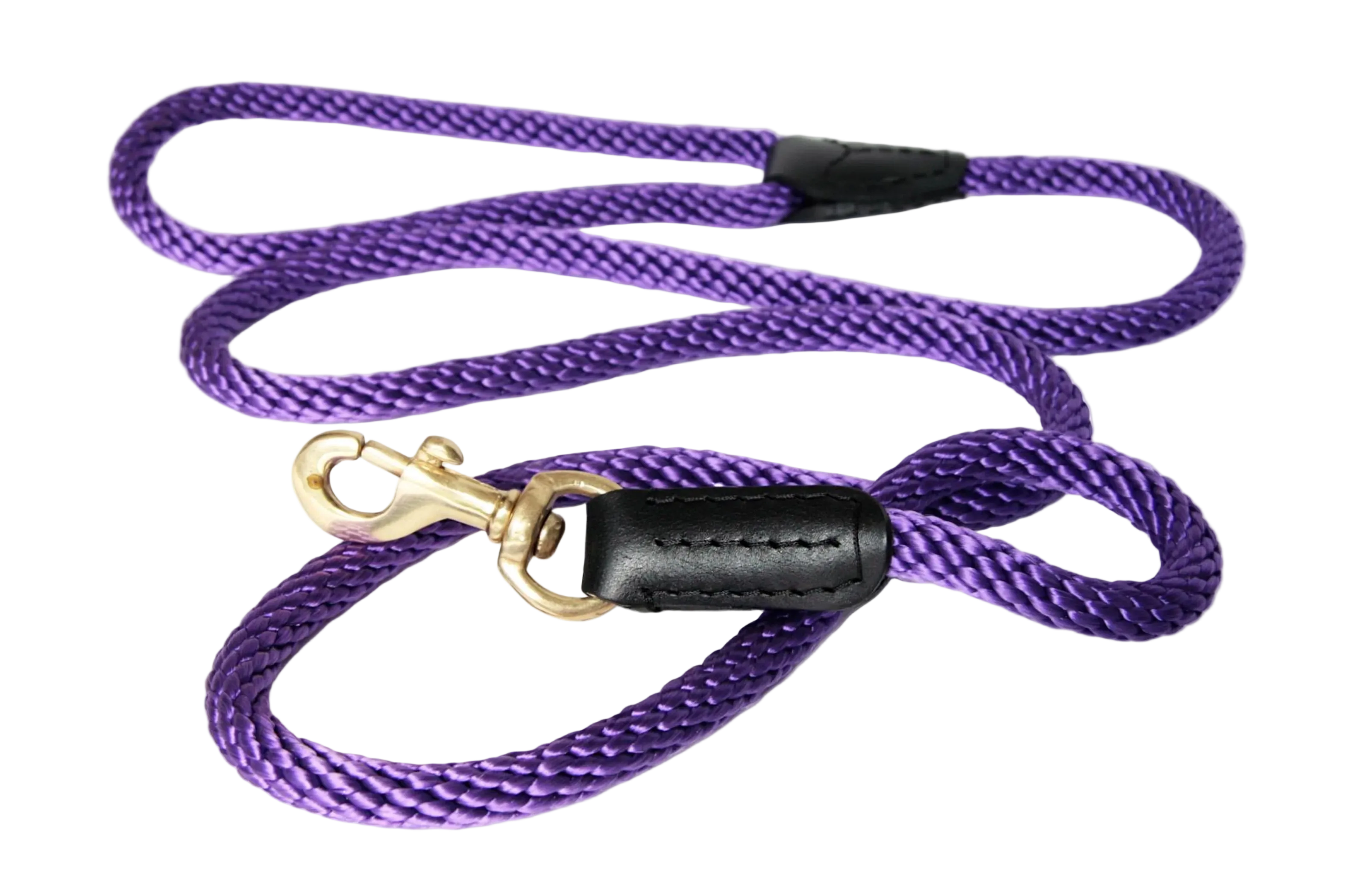 Purple dog leash with black and gold hardware on a white background