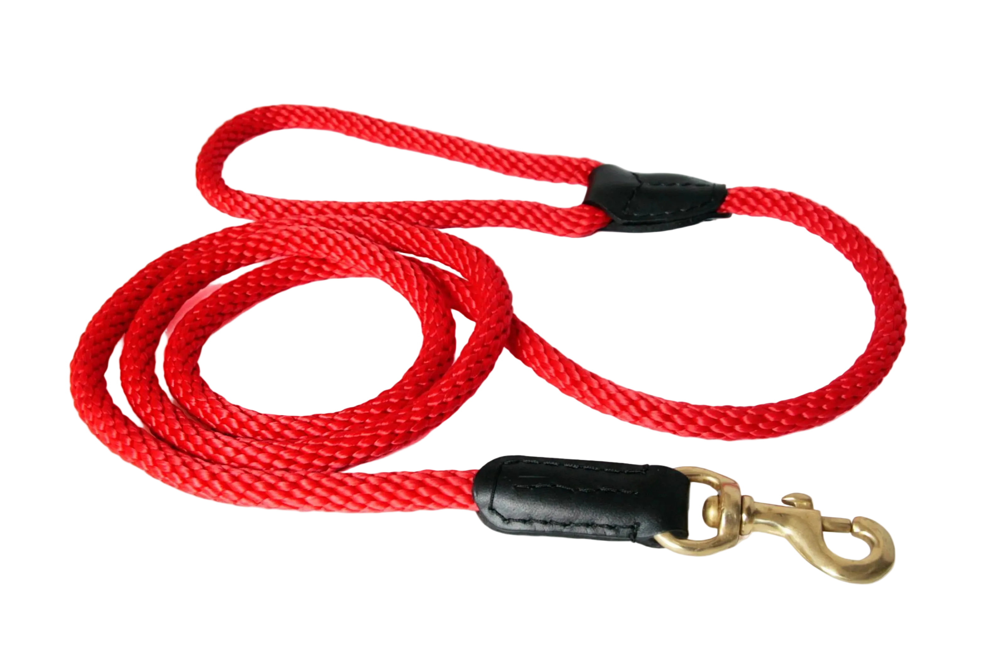 Red dog leash with black clips and a gold clasp on a white background