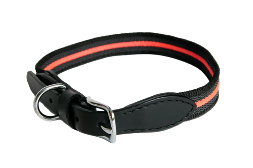 Black dog collar with red stripes on a white background