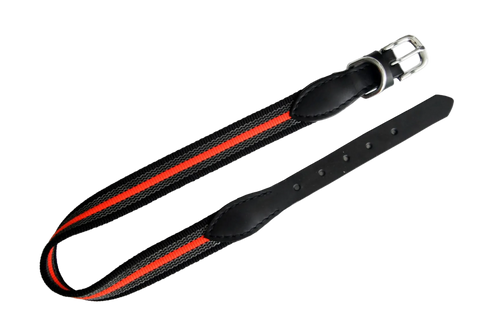 Black dog collar with red stripe on a white background