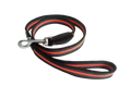 Black and red striped dog leash on a white background