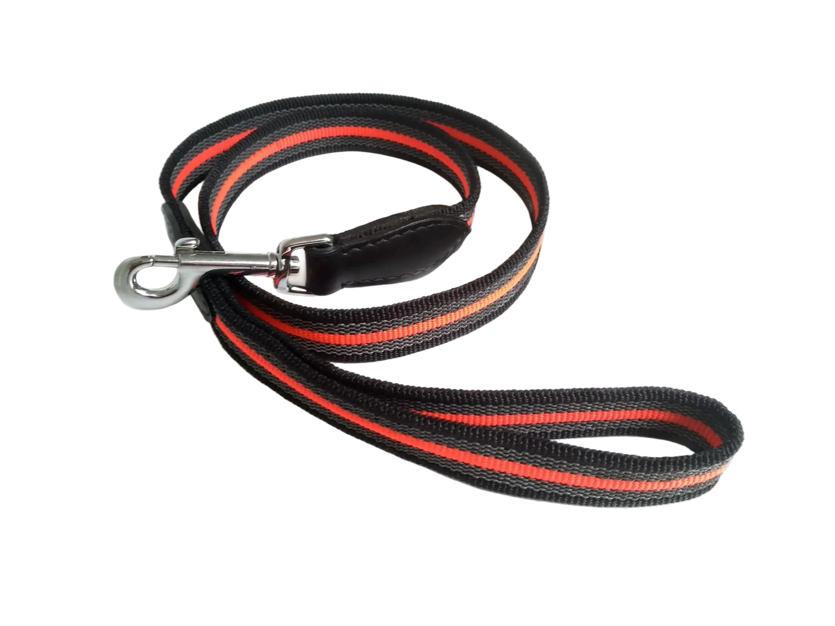 Black and red striped dog leash on a white background