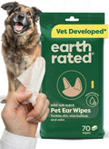 earth rated pet ear wipes packaging with a dog and hand holding a wipe