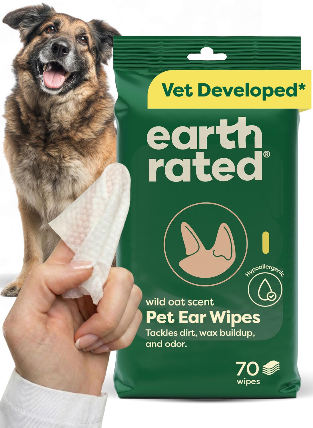 earth rated pet ear wipes packaging with a dog and hand holding a wipe