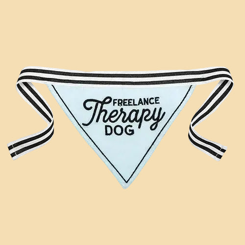Light blue bandana with 'Freelance Therapy Dog' text on a white background