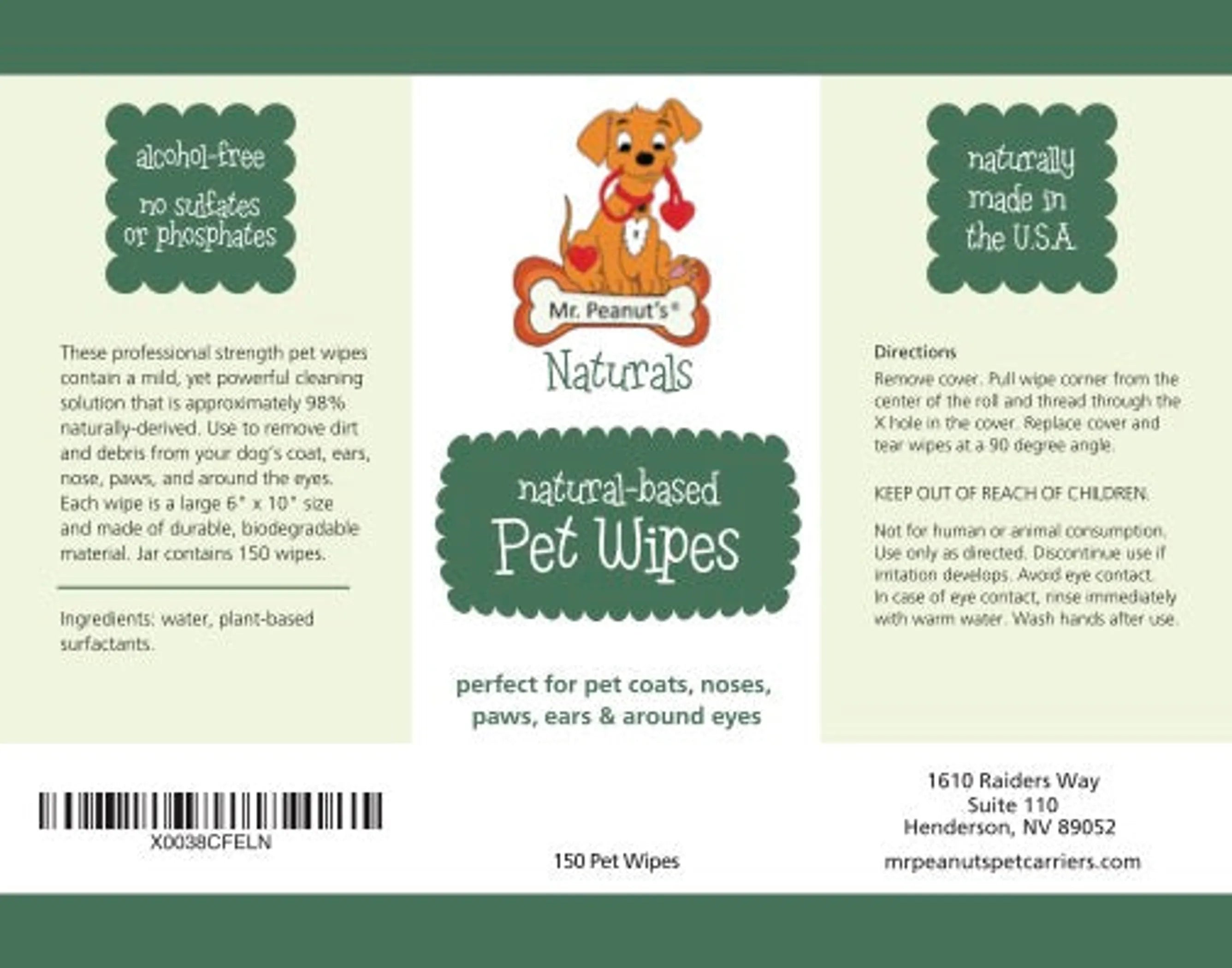 Label for Mr. Peanut's Naturals natural-based pet wipes with a dog illustration and product details.