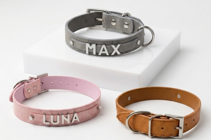 Three personalized dog collars displayed on a clean white background: a gray collar labeled 'MAX', a pink collar labeled 'LUNA', and a tan collar with a silver buckle.