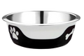 Stainless steel pet bowl with black base and white paw prints, accompanied by smaller versions.