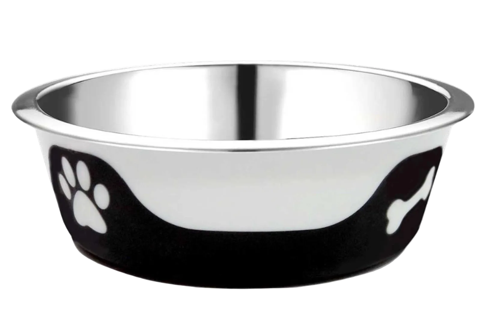 Stainless steel pet bowl with black base and white paw prints, accompanied by smaller versions.